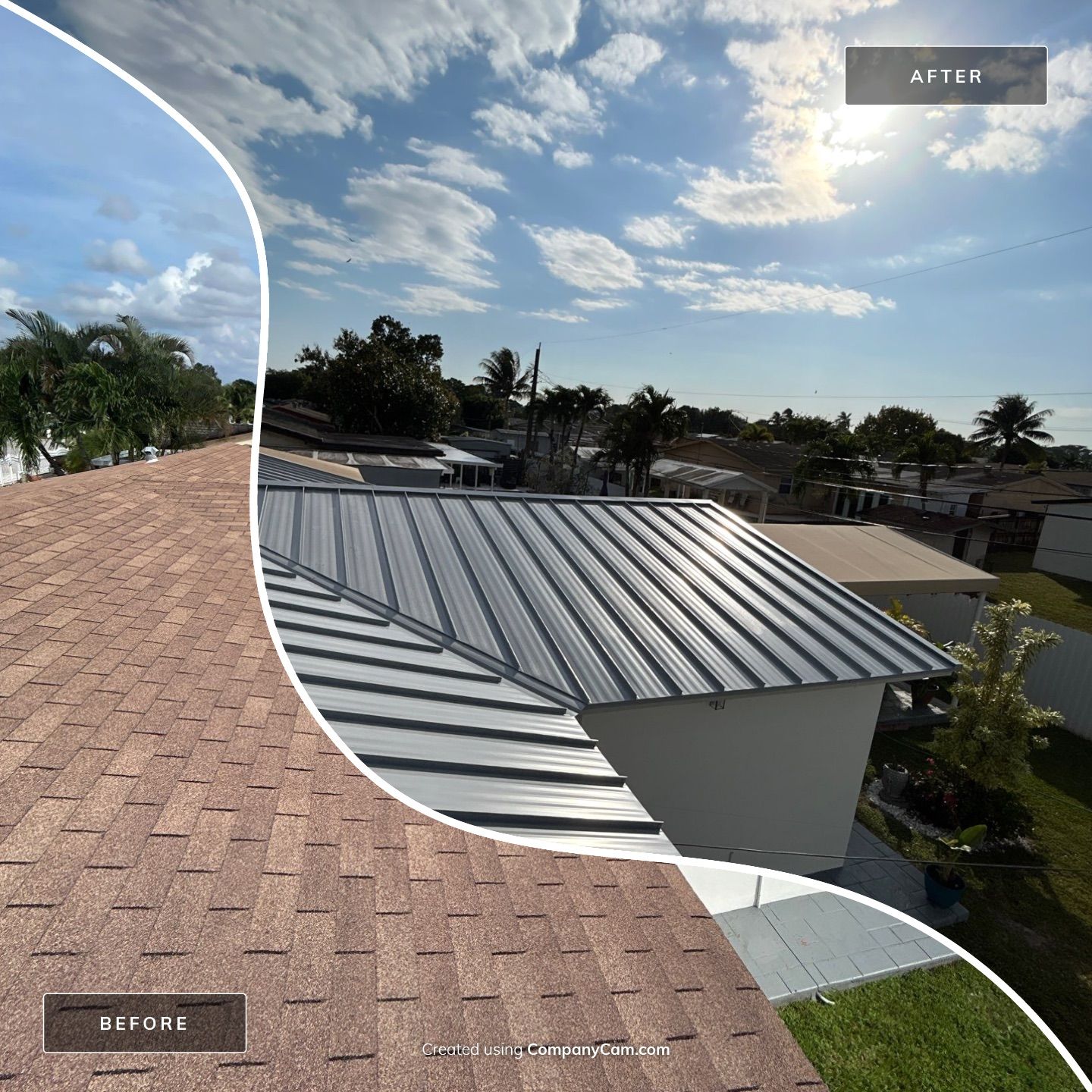 Side-by-side comparison of a house roof before with brown shingles and after with a new silver metal roof, under a partly cloudy sky.