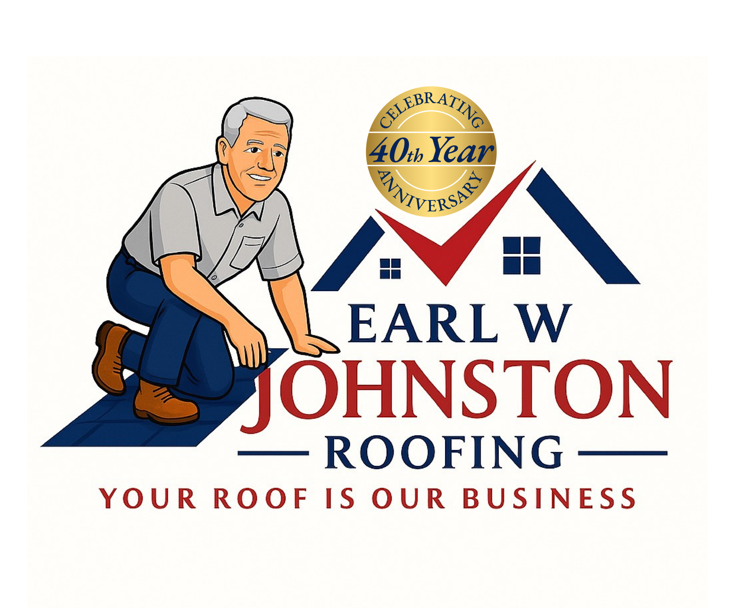 Cartoon man on roof next to text "Earl W Johnston Roofing" with slogan "Your Roof Is Our Business" and a "40th Year Anniversary" badge.